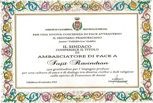 Ambassador of peace sujith ravindran Italy